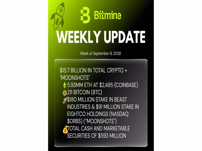 Bitmine's ETH Holdings Hit 5.93M Tokens, Total Assets Reach $15.7B